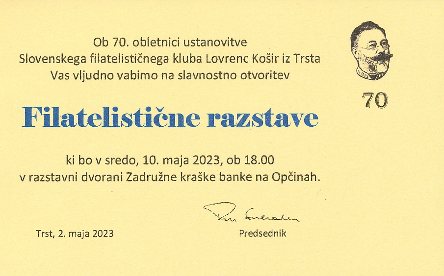 Vabilo 70. obletnica Filatelističnega kluba Lovrenc Košir iz Trsta
